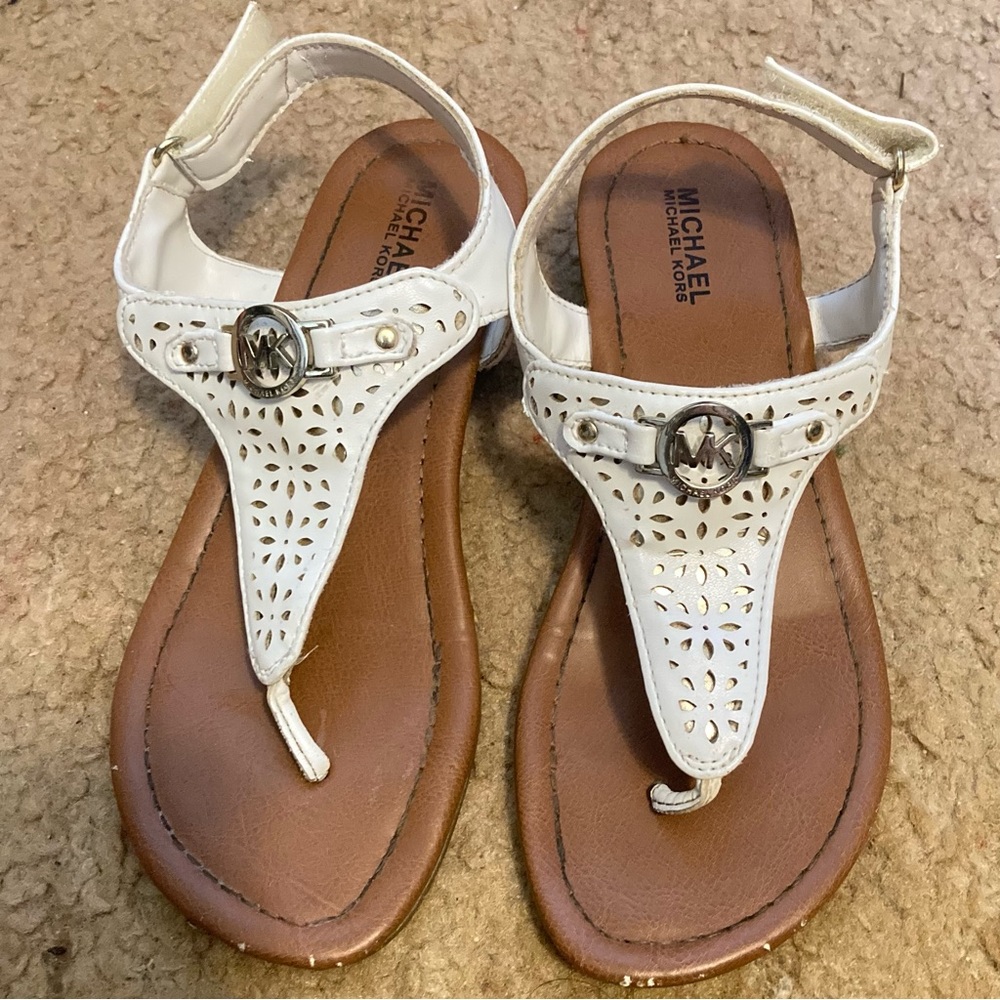 Michael Kors White Leather Laser-Cut T-Strap Sandals with Tan Footbed